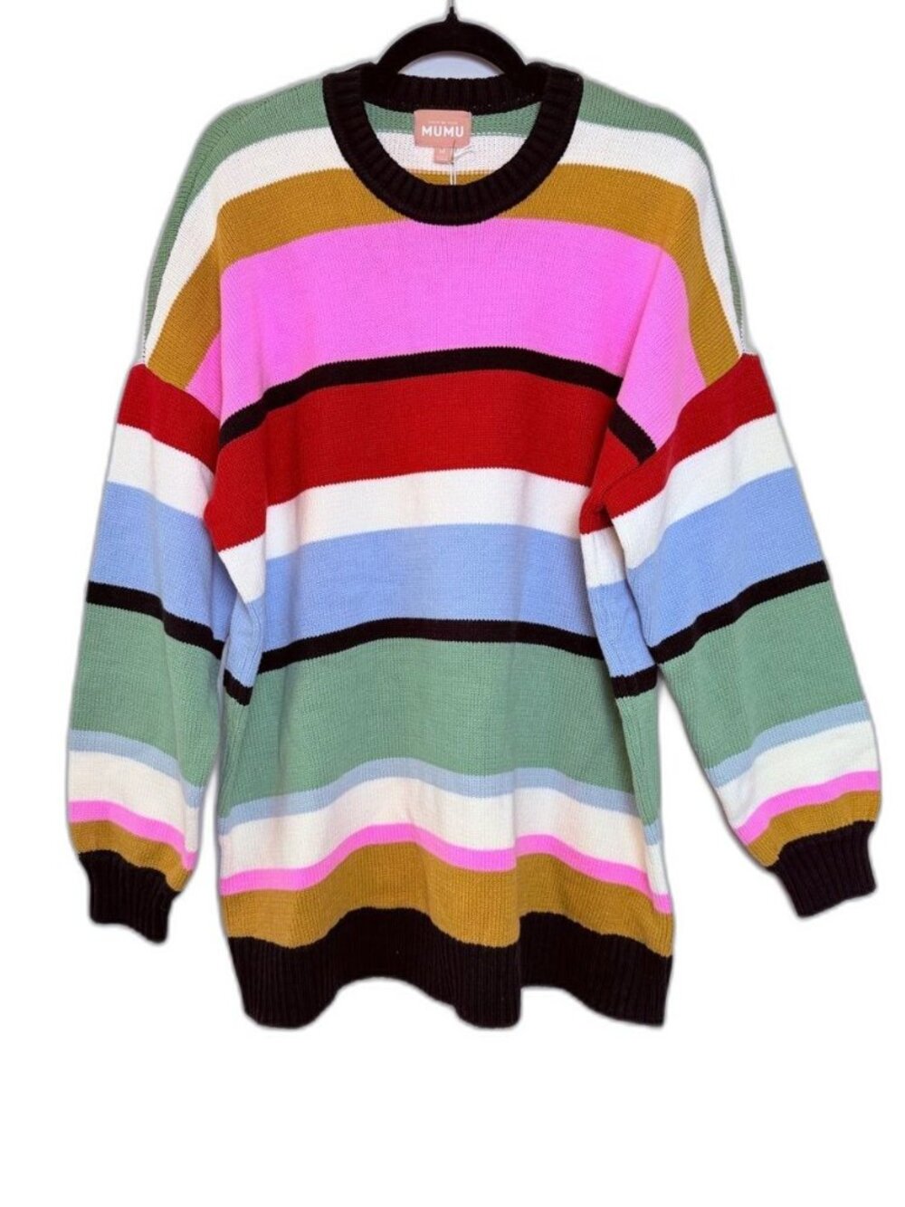 Show Me Your Mumu Multicolor Stripe Crewneck Sweater Tunic Dress Green/Pink M